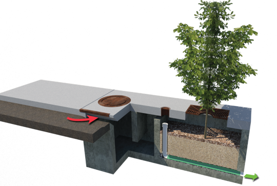 Filterra stormwater bioretention system, sediment chamber configuration.