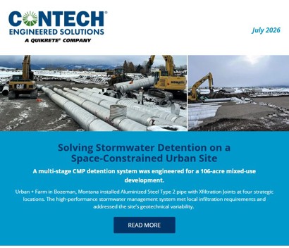 A construction site with large pipes, equipment, and vehicles, featured in a newsletter about stormwater detention solutions.