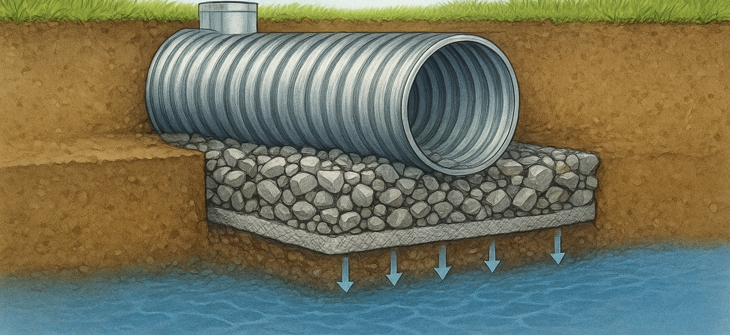 Illustration of a metal culvert set on a gravel bed, allowing rainwater to drain into groundwater below.
