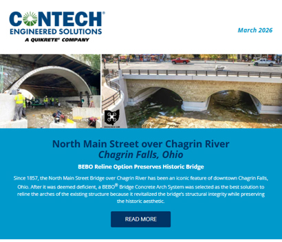 A newsletter highlights a bridge reline project in Chagrin Falls, Ohio, and stormwater solutions at Fargo airport.
