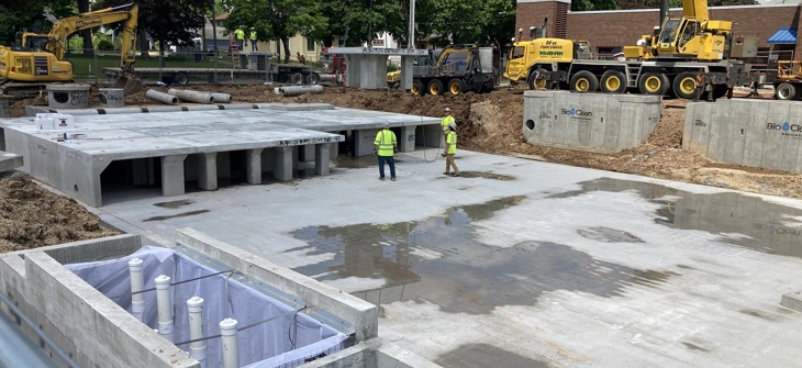 An UrbanPond concrete stormwater detention system under construction.
