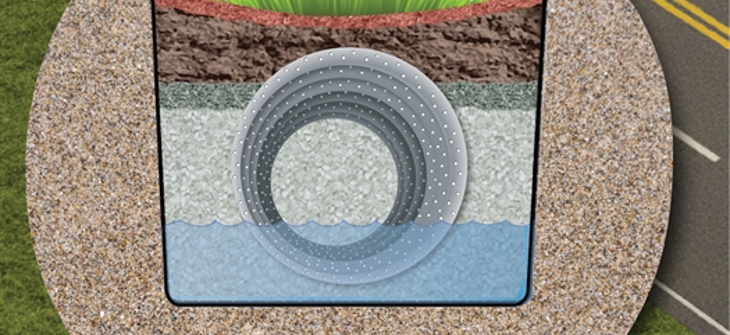 An illustration of perforated corrugated metal pipe for subsurface infiltration.