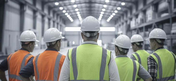 Six workers in safety vests and helmets stand inside a large, well-lit industrial warehouse, facing away from the camera.