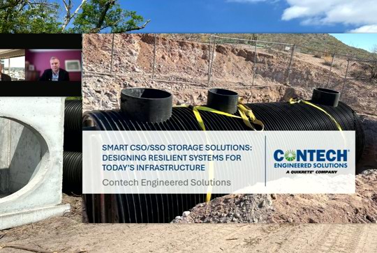 Two men in a video call overlay a background of large black storage pipes at an outdoor construction site.