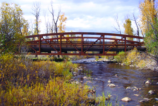 A truss bridge over a stream. 