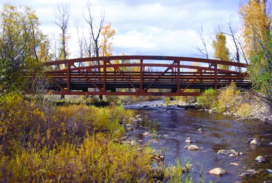 A truss bridge over a stream.