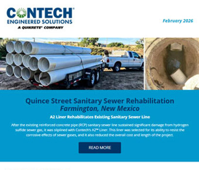 Newsletter page with images of sewer pipes and construction, highlighting sewer rehabilitation and pedestrian bridge projects.