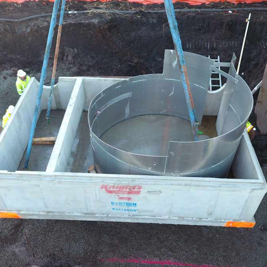 The installation of a Vortechs hydrodynamic separator.