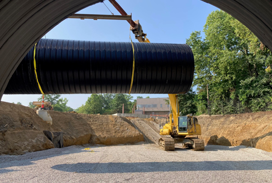 Installation of a DuroMaxx steel reinforced polyethylene (SRPE) tank. 