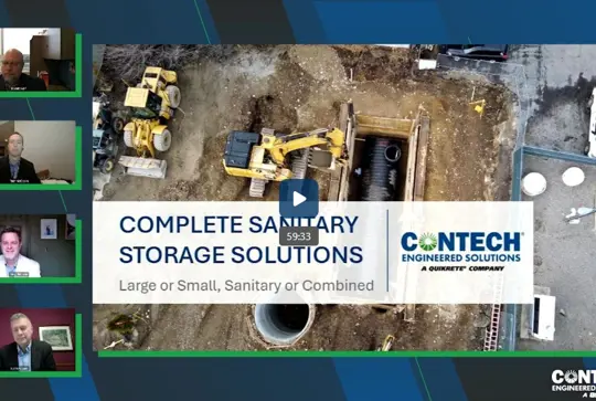 Webinar screenshot featuring a presentation slide about sanitary storage solutions by Contech, with four speaker thumbnails.