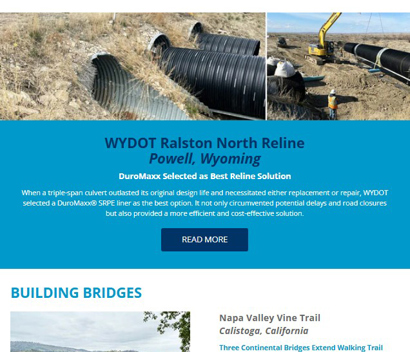 Screenshot of a newsletter featuring CONTECH Engineered Solutions, with articles on a Wyoming reroute project and Napa Valley bridges.