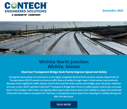 A Contech ad highlights Wichita North Junction bridge construction and ClearCast deck forms for improved traffic and safety.