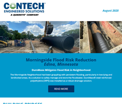 Screenshot of a newsletter featuring flood risk reduction in Edina, MN and a bridge project in Clarkia, Idaho.