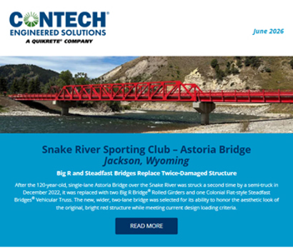 Newsletter page featuring a red steel bridge over a river and text about the Snake River Sporting Club-Astoria Bridge project.