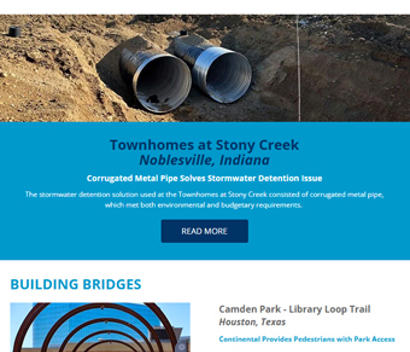 Newsletter page showing large metal pipes at a construction site and a pedestrian bridge at Camden Park, Houston, Texas.
