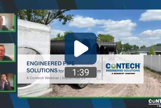 Webinar slide titled "Engineered Pipe Solutions" with three speaker video panels and large drainage pipes in the background.