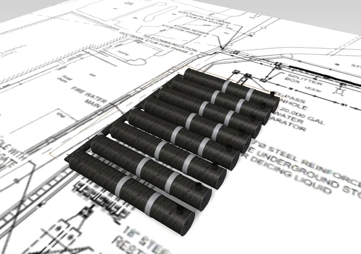 Nine black cylindrical storage tanks are arranged in rows on top of a technical blueprint for an industrial site.