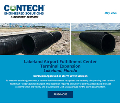 A newsletter highlights Lakeland Airport's terminal expansion and storm sewer project using DuroMaxx pipes.