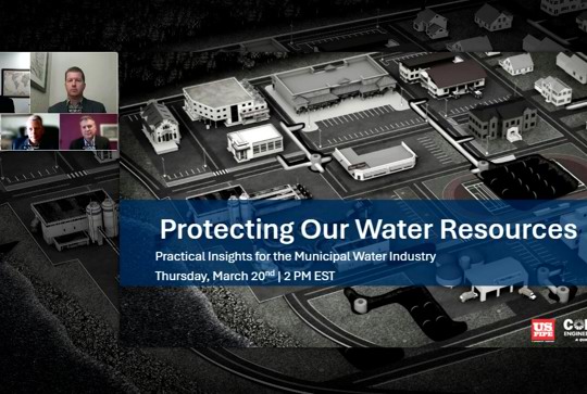 Webinar screenshot titled “Protecting Our Water Resources,” featuring aerial view of a municipal facility and panelists in small boxes.