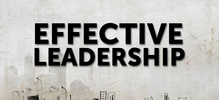 The words "Effective Leadership" in bold black text over a light concrete wall with a simple city skyline sketch.