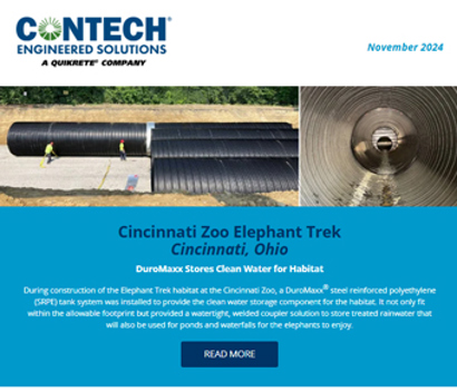 Promotional image for Contech Engineered Solutions highlighting zoo habitat construction and a bridge project in Connecticut.