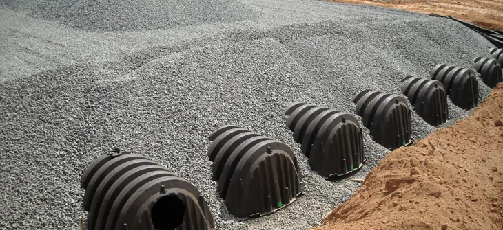 ChamberMaxx plastic stormwater chambers partially buried in gravel at a construction site.