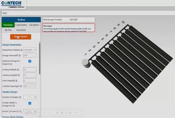 Screenshot of a software interface showing design parameters and a 3D model for an underground stormwater system.