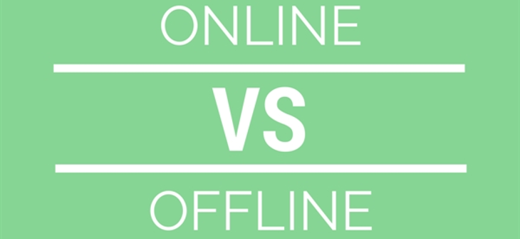 Image with "ONLINE" at the top, "VS" in the center, and "OFFLINE" at the bottom on a green background.