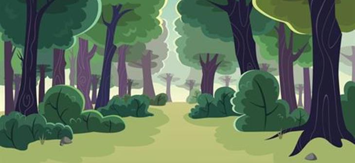 Illustration of a forest scene with green trees and bushes, a pathway in the center, and a light sky in the background.